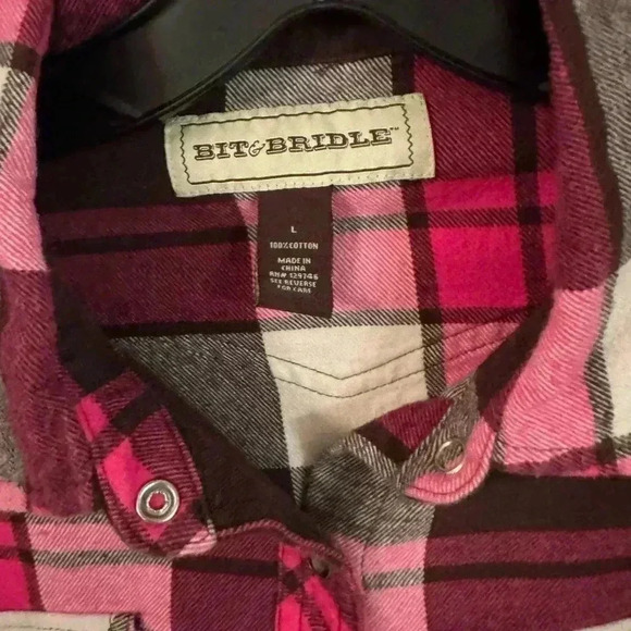 Bit & Bridle women’s snap down plaid shirt pink, brown & white size large - Picture 3 of 10